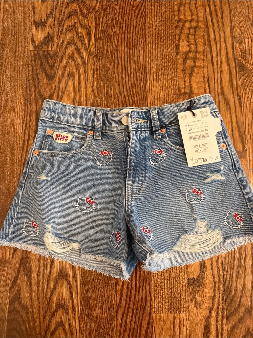 Zara Light Blue Denim Hello Kitty Embroidered Cutoff Shorts